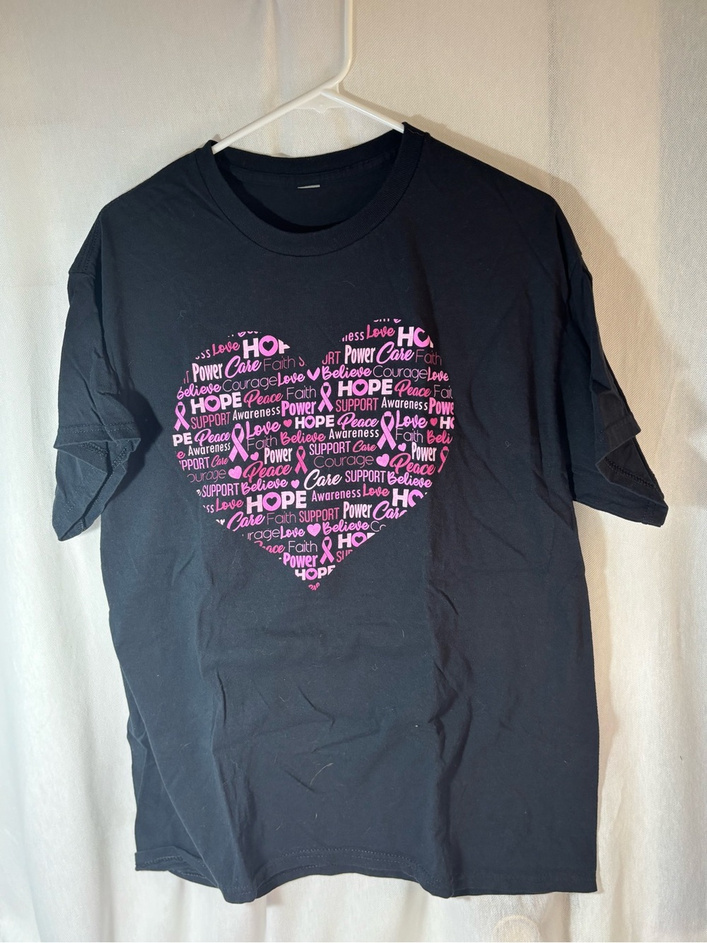 Breast Cancer Black T-Shirt with Pink Heart Hope Design large